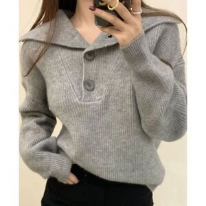 Crescent Ribbed Half Button Pullover Sweater Gray Size M